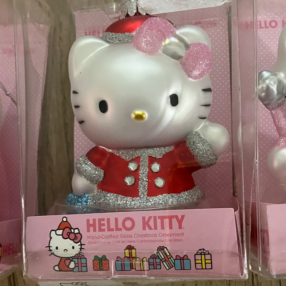 Hello Kitty Trio with Pink and Red Outfits. Glass Christmas Ornaments - Picture 3 of 4